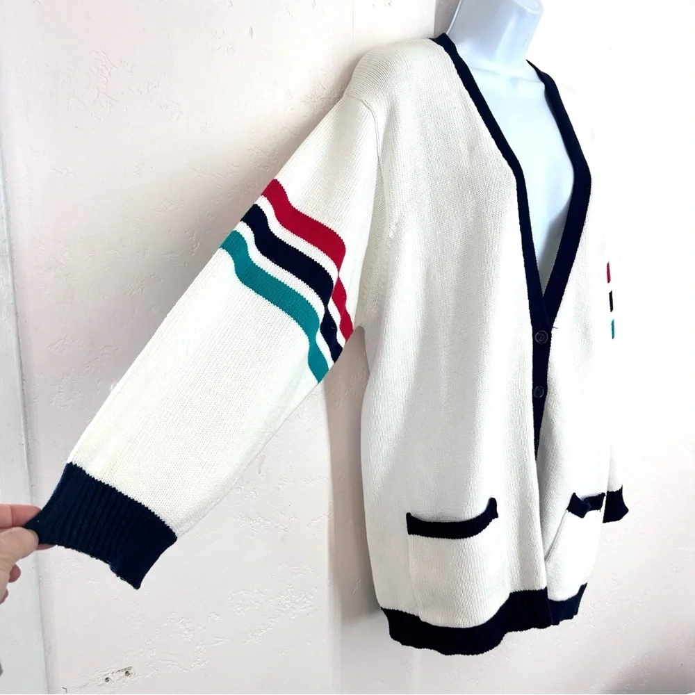 Vintage 80-90s Preppy Collegiate Ivory Crested Striped Cardigan L Princess Diana